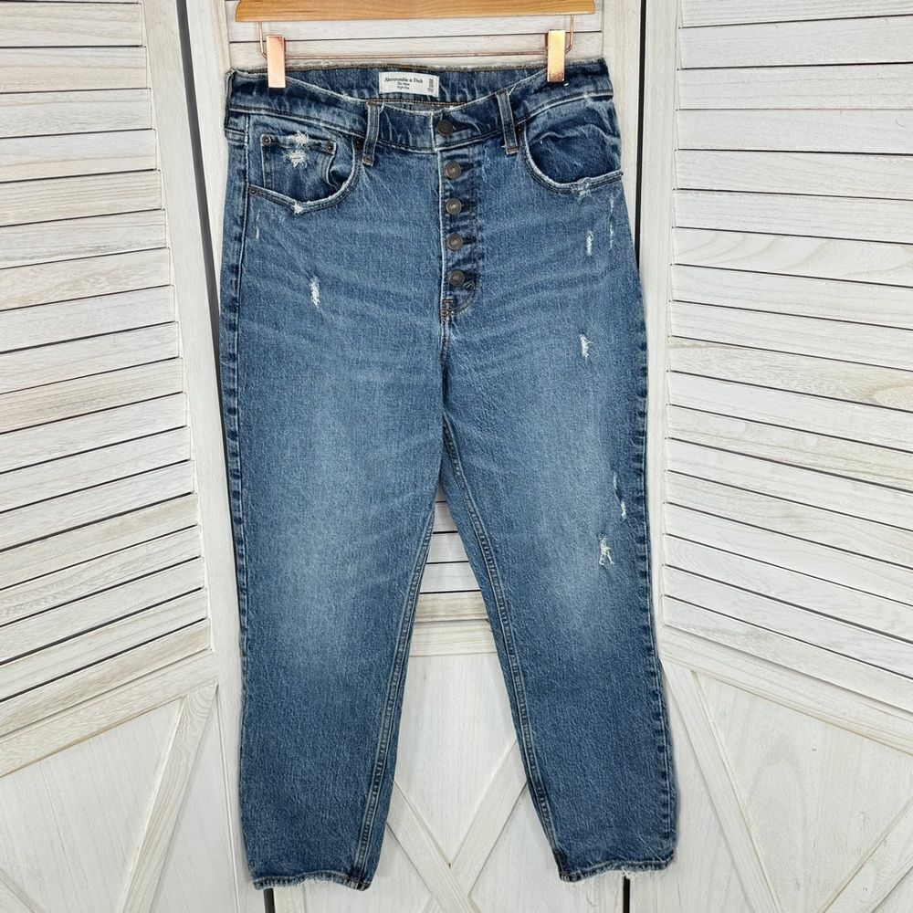Abercrombie & Fitch Mom Jeans Women Size 10 Blue High Rise Distressed Button Fly